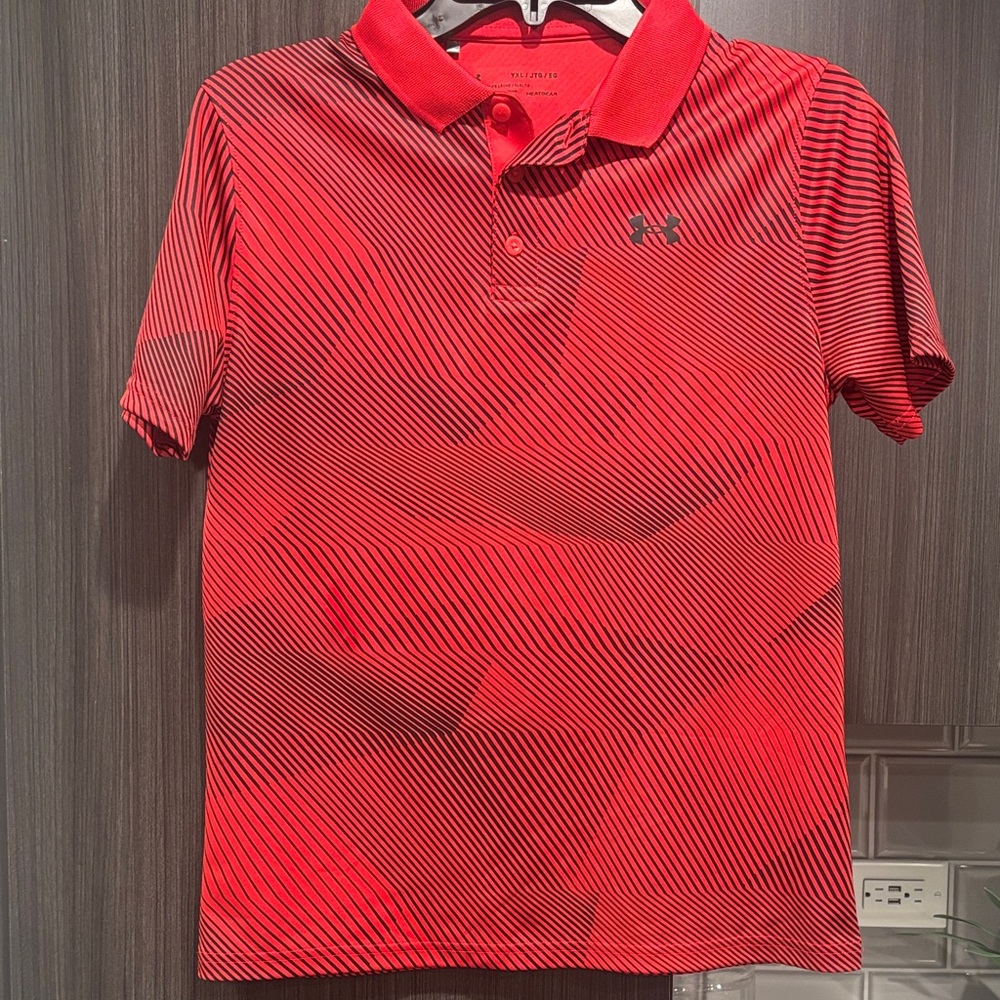 Under Armour Boys Red-Orange Dri-Fit Polo with Diagonal Stripe Detail, Like-New